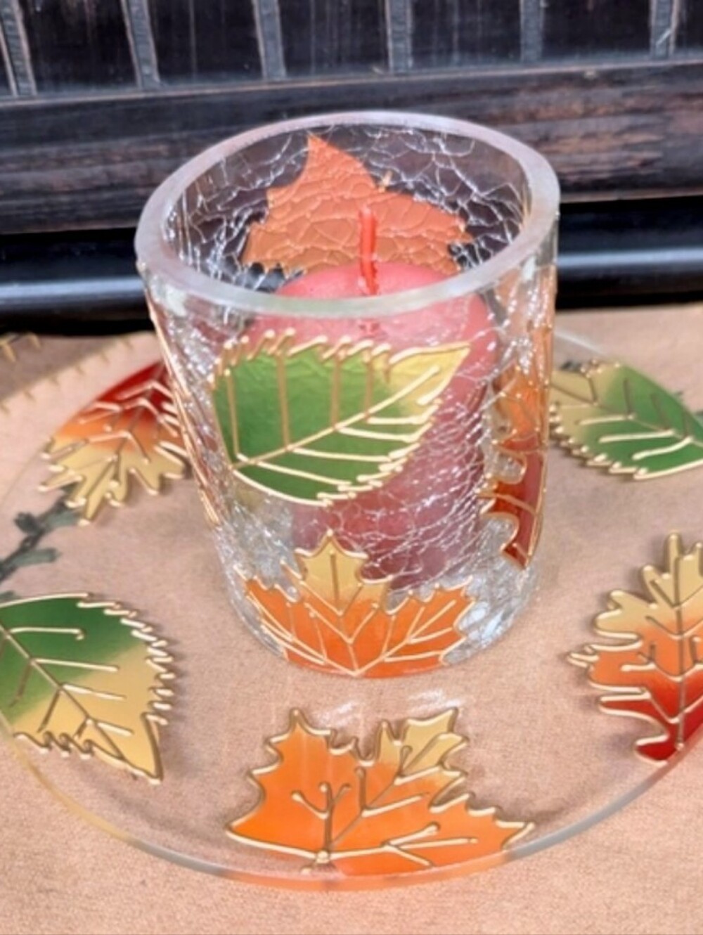 Yankee Candle Autumn Leaf Glass Plate & Matching Votive Holder - Orange & Greens